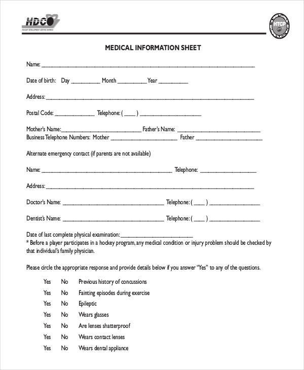 personal medical information sheet1