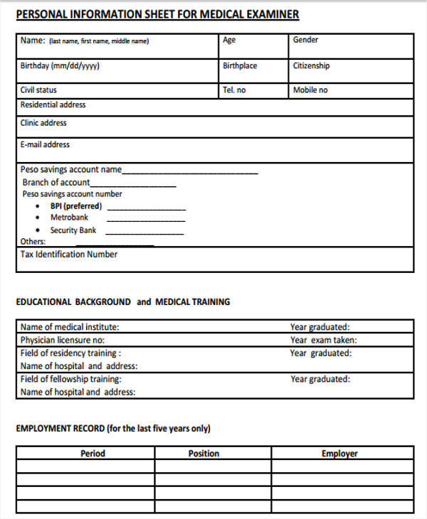personal medical information sheet2