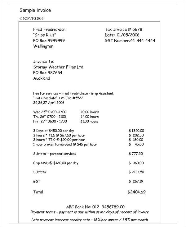 printable sample receipt Examples Sample Word PDF, Invoice  Personal 8 in