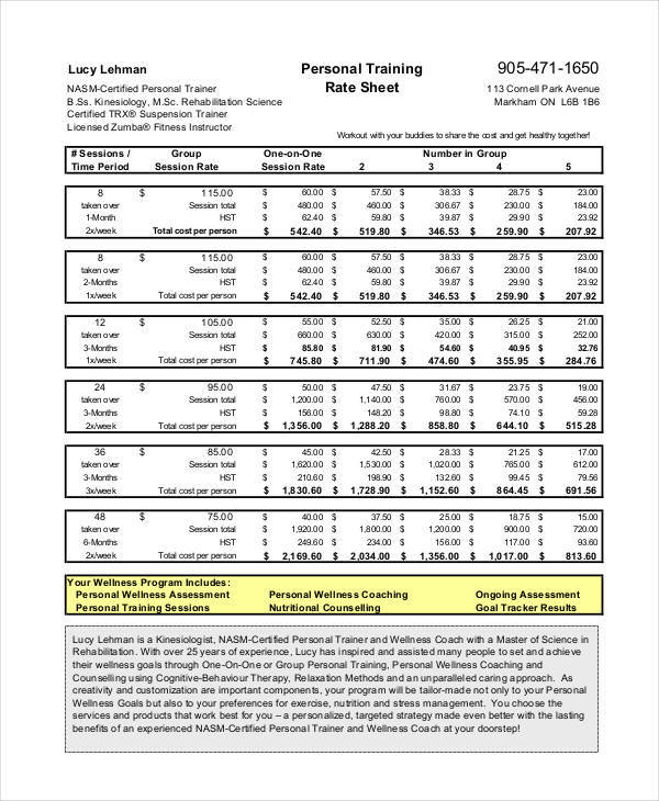 personal training rate sheet