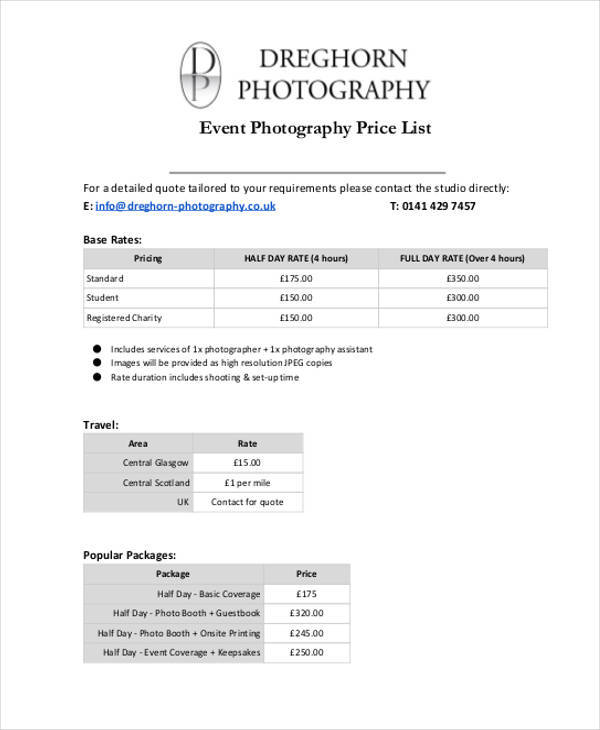 photography price list