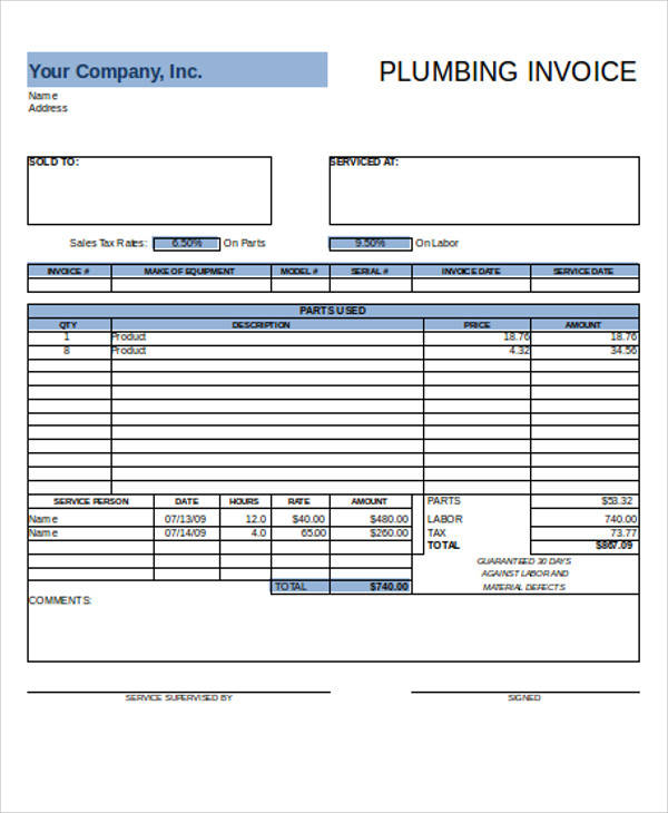 plumbing invoice sample