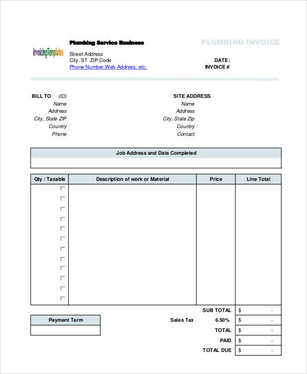 FREE 7+ Sample Plumbing Invoice Templates in PDF Excel MS Word