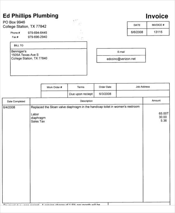 FREE 7+ Sample Plumbing Invoice Templates in PDF Excel MS Word