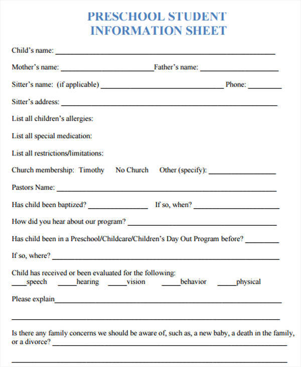 preschool student information sheet1