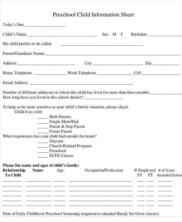 preschool child information sheet