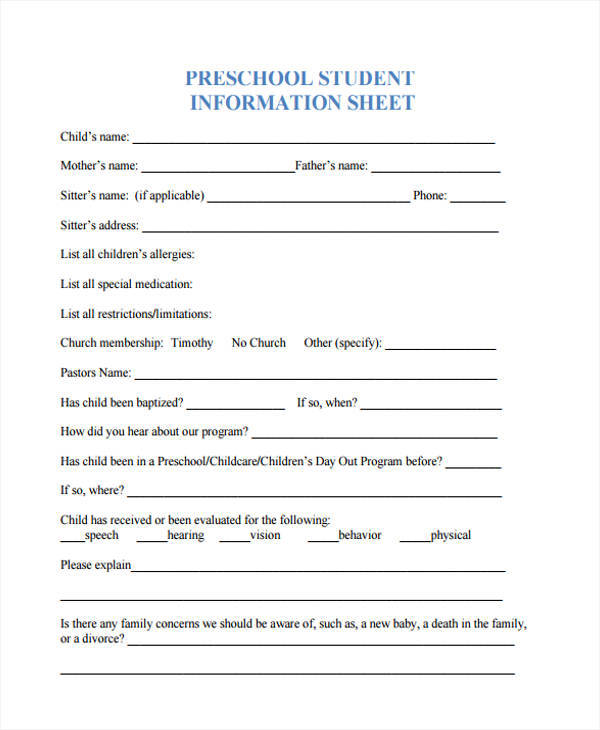 preschool student information sample sheet