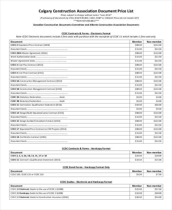 price list for construction