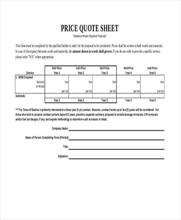 price quote sample sheet1