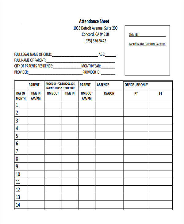 printable attendance sample sheet