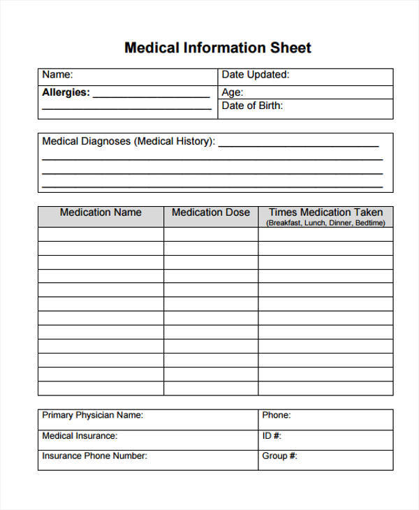 printable medical information sheet
