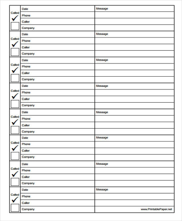 Printable Telephone Log Template