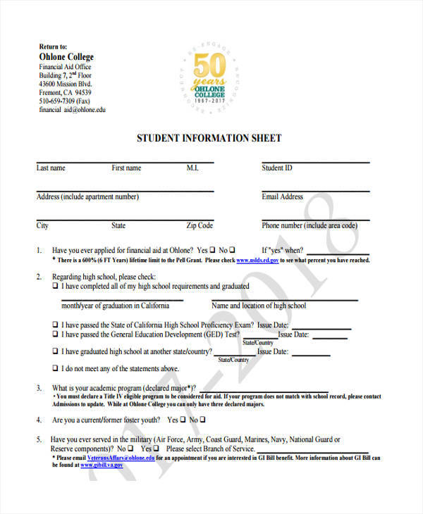 printable student information sheet