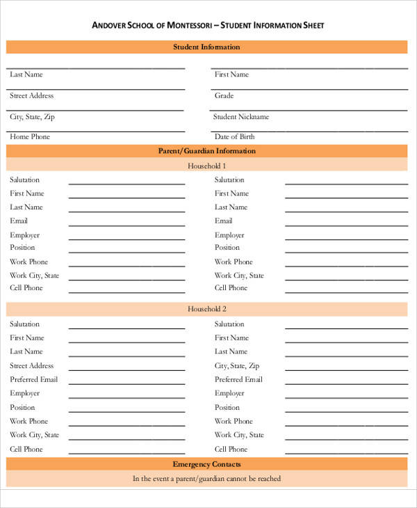 printable student information sheet1
