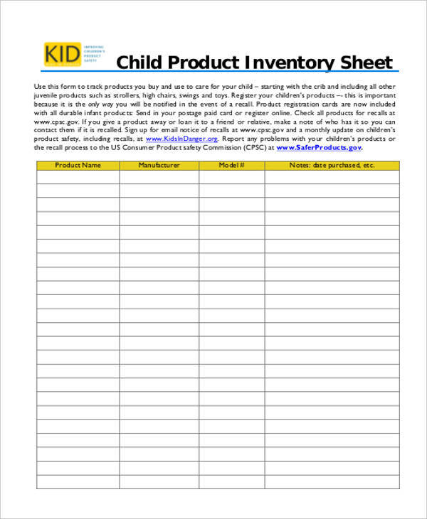 product inventory sheet