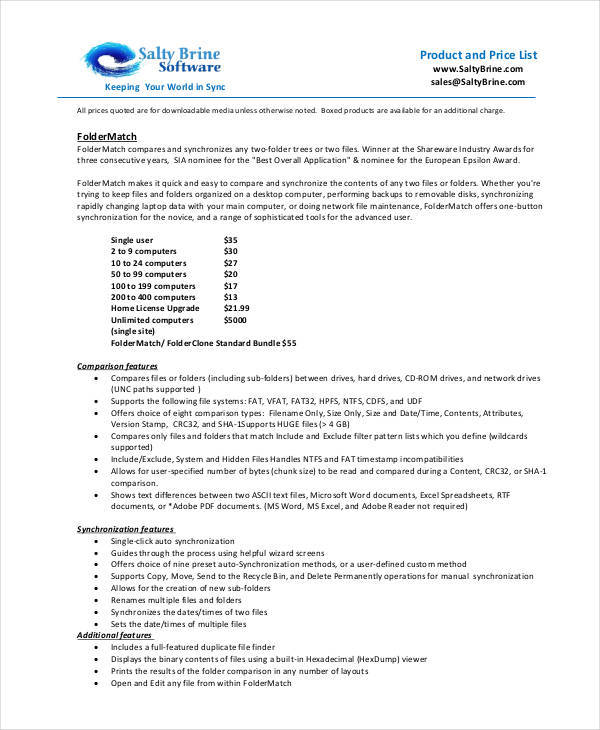 product and price list sample