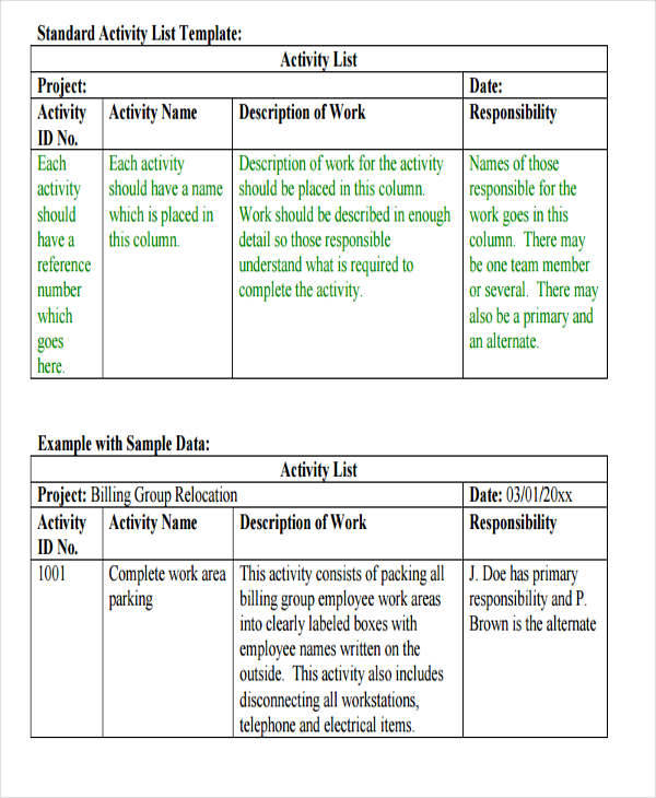 Uc Activity List Template