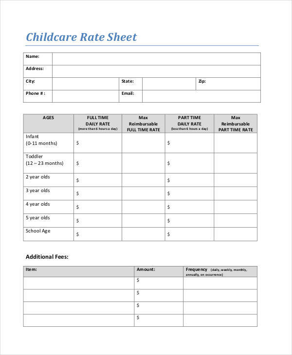 rate sheet template for day care