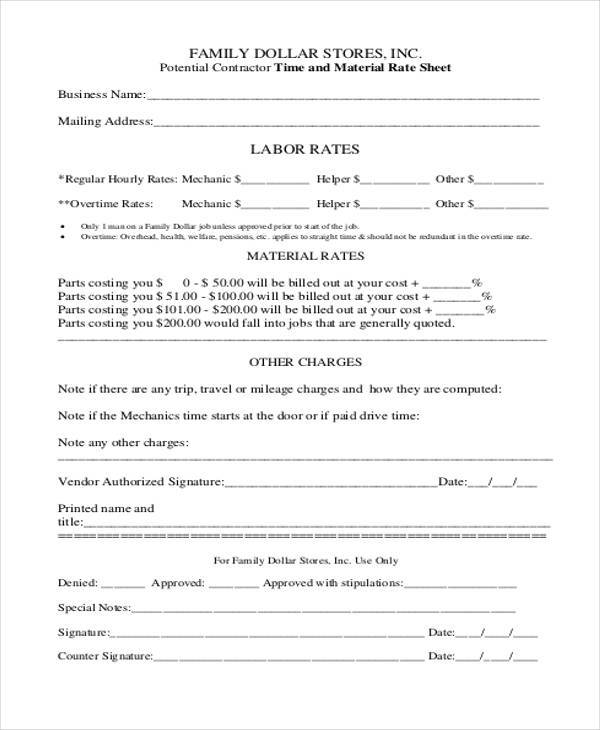 rate sheet for contractor