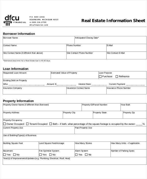 real estate property information sheet