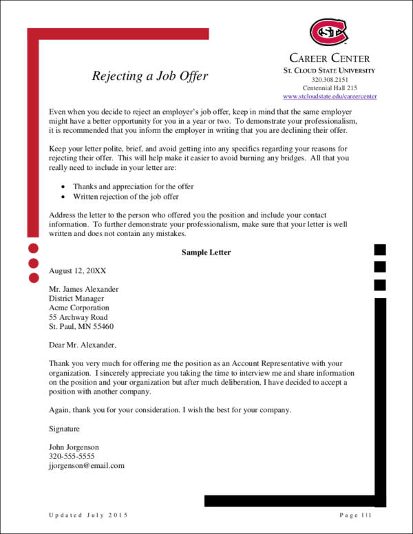 rejecting a job offer