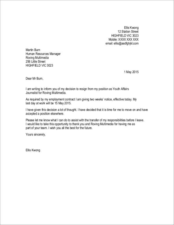 Resignation Letter Two Weeks Notice 9066