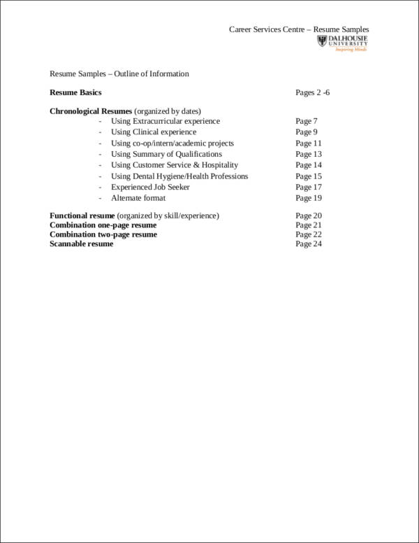 resume samples with outline of information