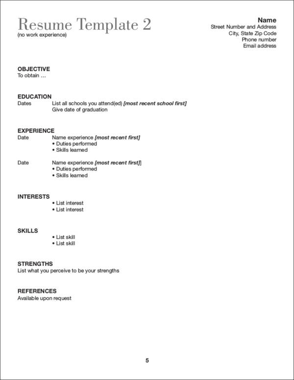 resume template for no work experience