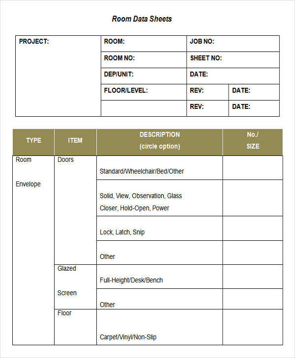 room data sheet template