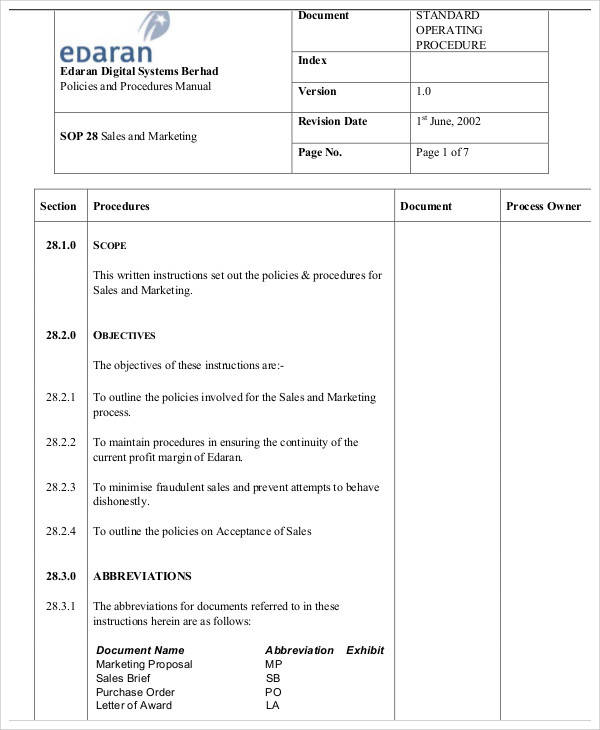 sop template for marketing sales