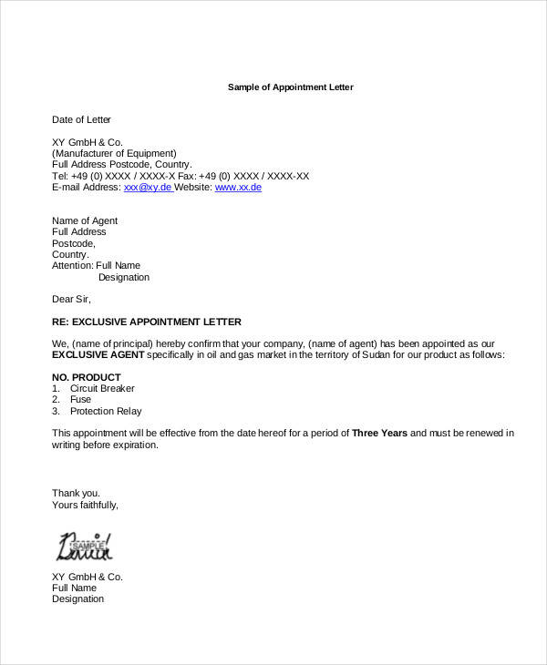 appointment letter format for marketing manager