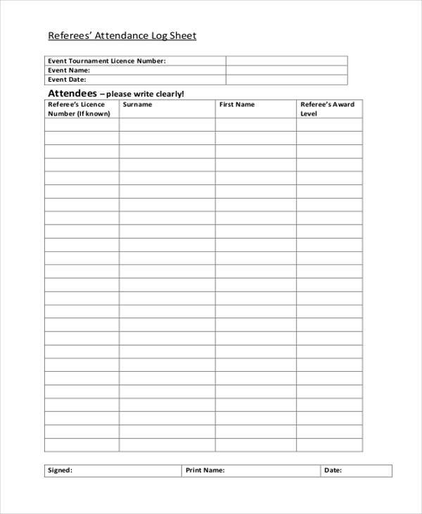 sample attendance log sheet