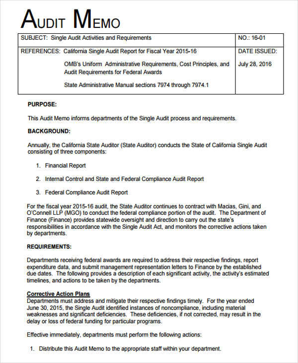 Sample Audit Findings Memo The Document Template