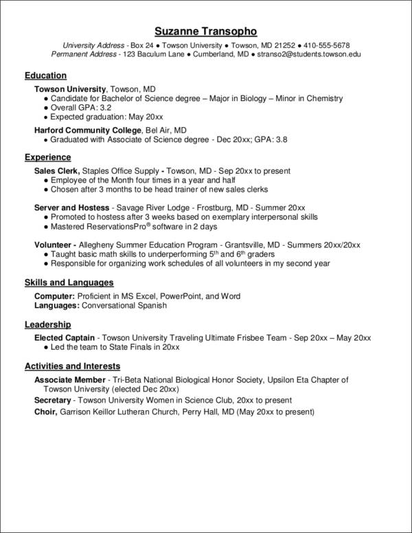 sample biology major resume