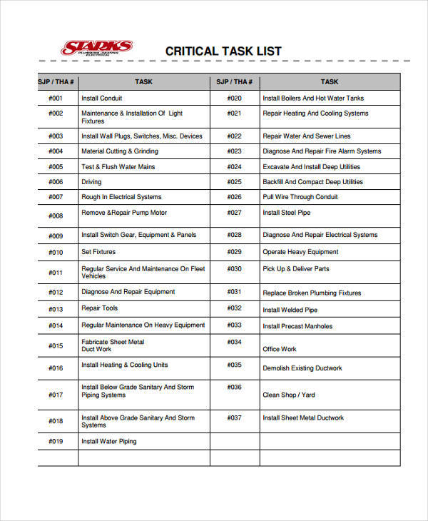 sample critical task list