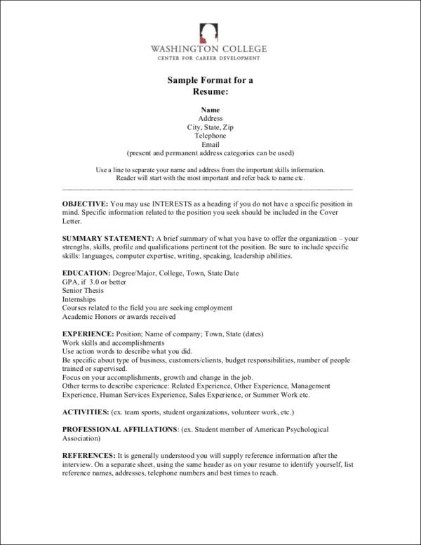 sample format for a resume