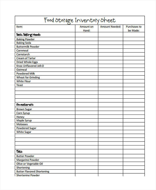 sample inventory list for food
