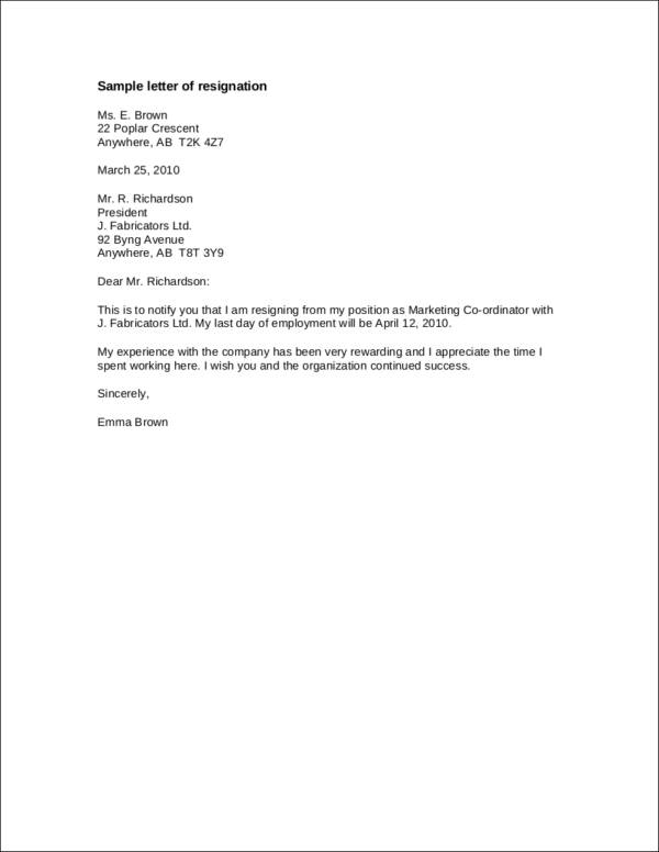 sample letter of resignation