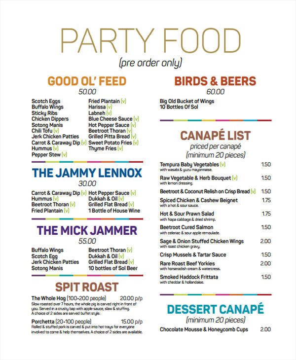 sample party food list