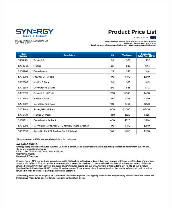 sample product price list template