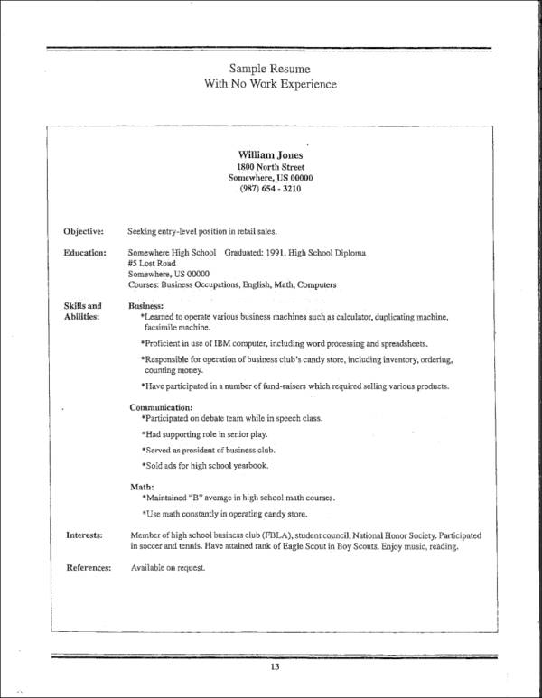 sample resume no work experience