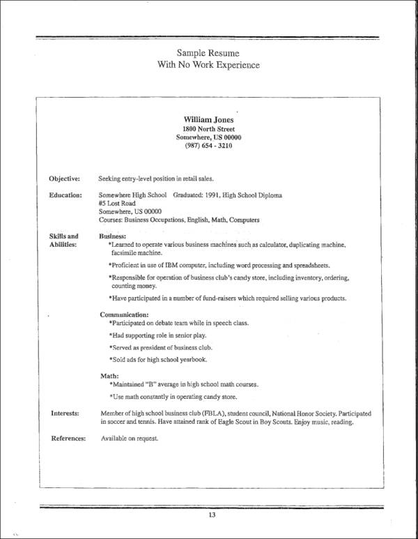 resume template no work experience