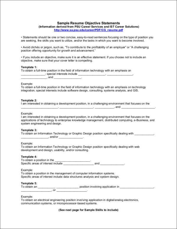 sample resume objective statements