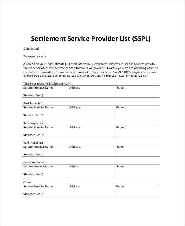 sample service provider list1