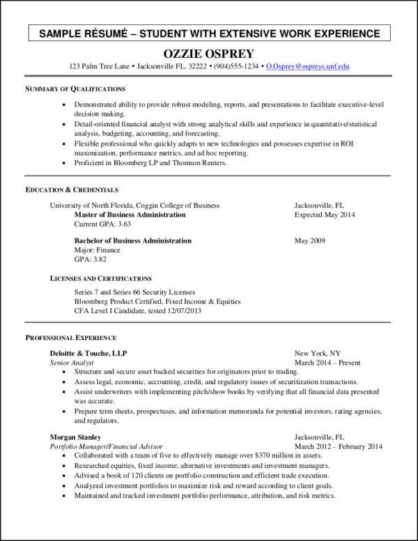 sample student resume with extensive experience