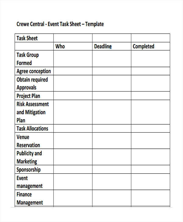 sample task sheet example