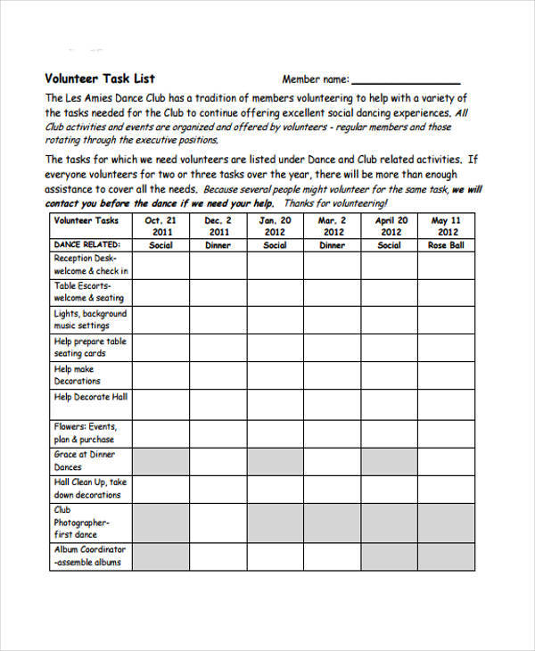 sample volunteer task list
