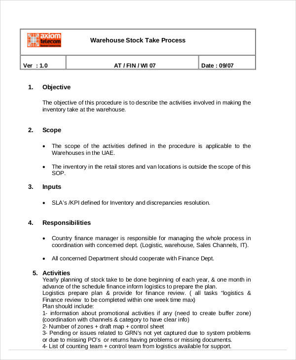 Sop For Inventory Management Template