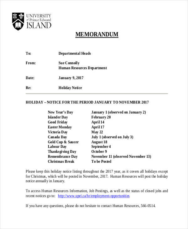 sample of holiday notice memo