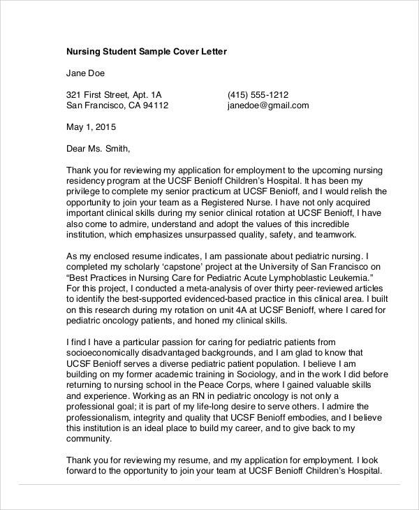 school nursing student cover letter